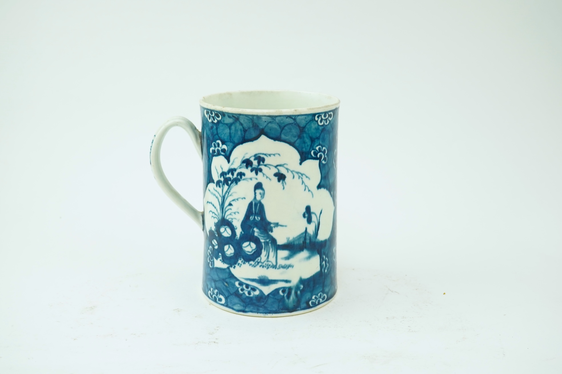 A Worcester blue and white Cracked Ice pattern large cylindrical mug, c.1765-75